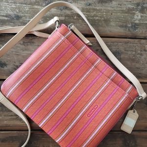 COACH 49249 Legacy Ticking Stripe Swingpack Crossbody Bag Orange/Lime/Pink